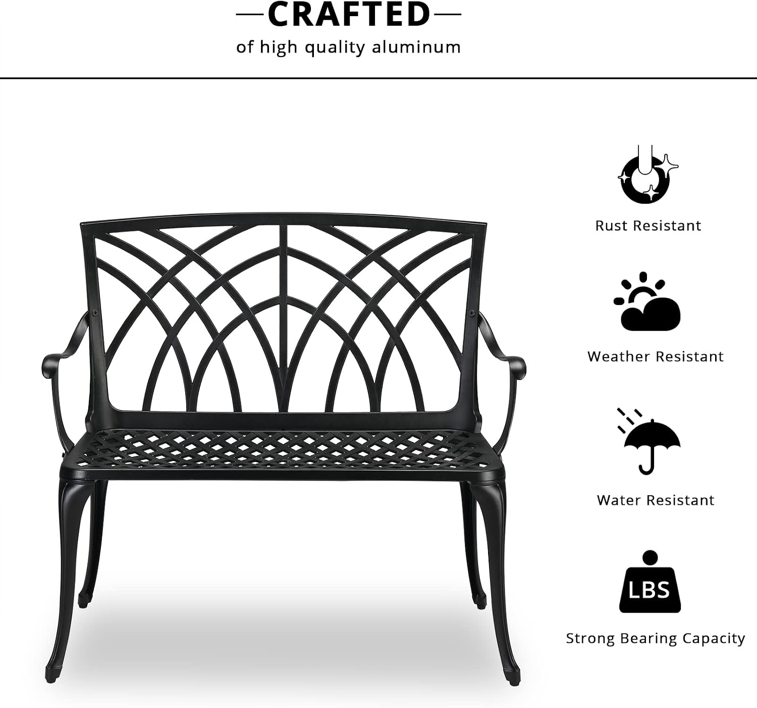 Bonnlo 38" Outdoor Bench, Aluminum Garden Bench with Orchid Patten, Anti-Slip Entryway Bench 1-2 Person Seat for Patio, Lawn, Backyard (Black)