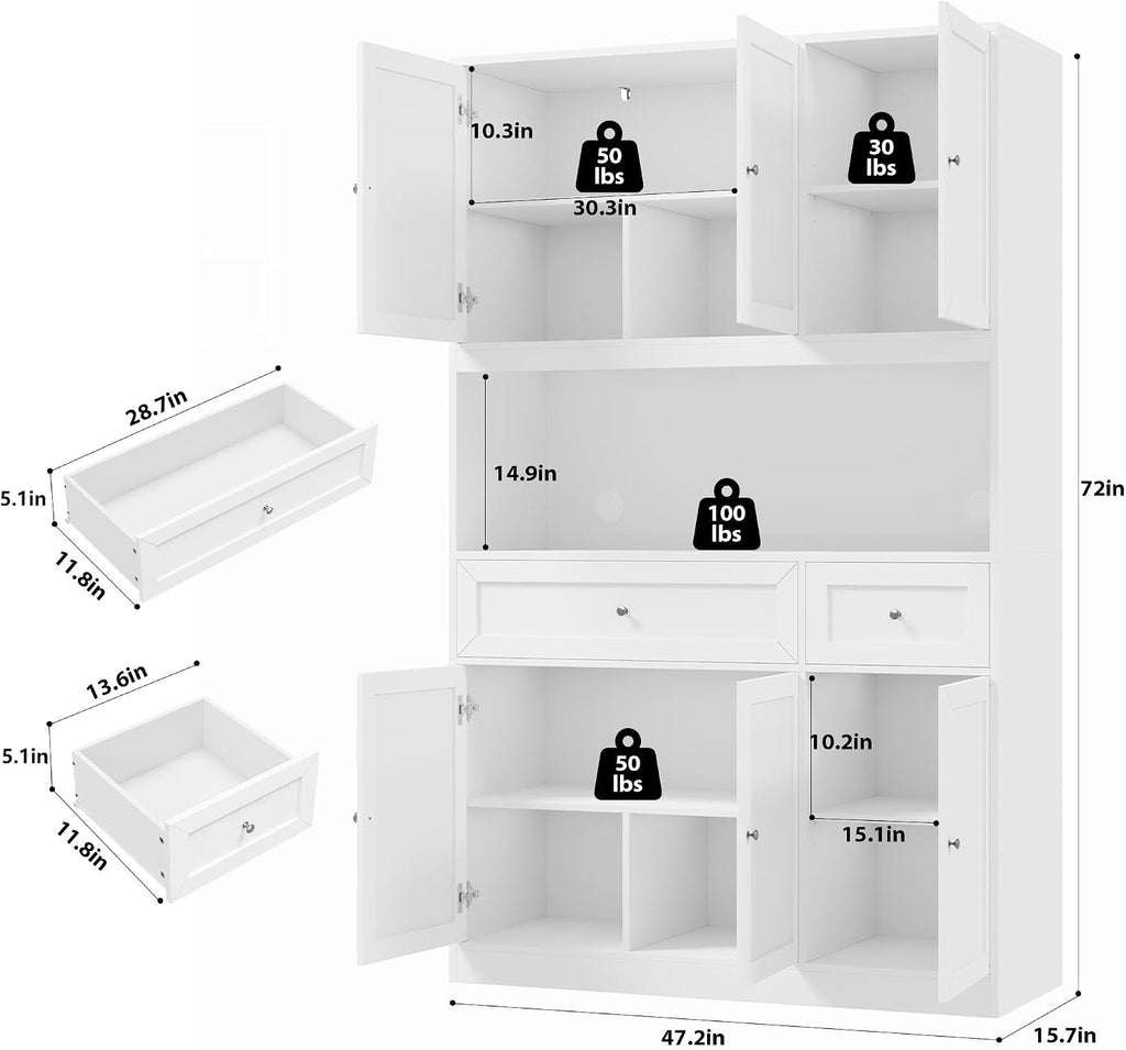 BOTLOG 72" Kitchen Pantry Cabinet, Kitchen Hutch with Microwave Stand, Buffet Cabinet with Hutch for Dining Room, White