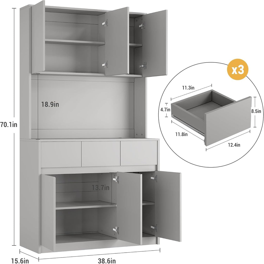 71" Kitchen Pantry Cabinet,Tall Storage Cabinet with Doors & Shelves Adjustable, Kitchen Storage Hutch with Microwave Shelf,Coffee Bar,Led Lights&Charging Station,Corner Pantry Cabinet for Living Room