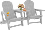 JY QAQA Outdoor Adirondack Chair Set of 2, All-Weather HDPE Patio Furniture with Detachable Table, Wood Texture & Cup Holder for Patio, Poolside, Garden, Light Grey