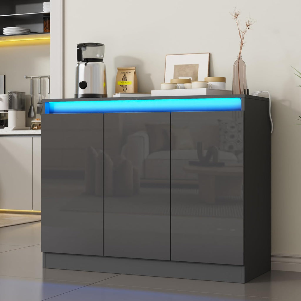 Furnify High Gloss Buffet Cabinet with LED Lights, Modern Sideboard Coffee Bar with 3 Doors & Charging Station, Handless Modern Sideboard Storage Cabinet for Living Room, Entryway, Grey