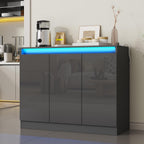 Furnify High Gloss Buffet Cabinet with LED Lights, Modern Sideboard Coffee Bar with 3 Doors & Charging Station, Handless Modern Sideboard Storage Cabinet for Living Room, Entryway, Grey