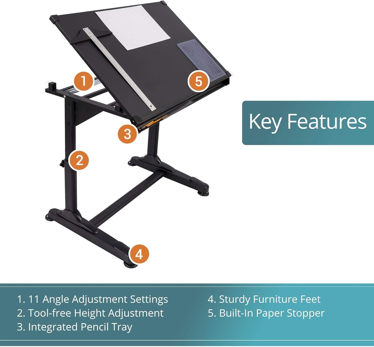 Stand Up Desk Store Adjustable Height and Angle Drafting Table Drawing Desk with Large Surface (Black Frame/Black Top, 40" W X 26" D)