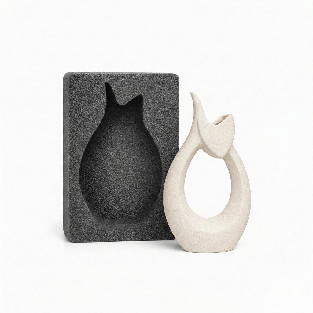 10" Ceramic Vase for Decor - Cute Abstract Cat Statue with Sandstone Texture, Modern Minimalist Boho Flower Vase for Dried Pampas Grass, Unique Heart Shape Lover Gifts for Women, Beige