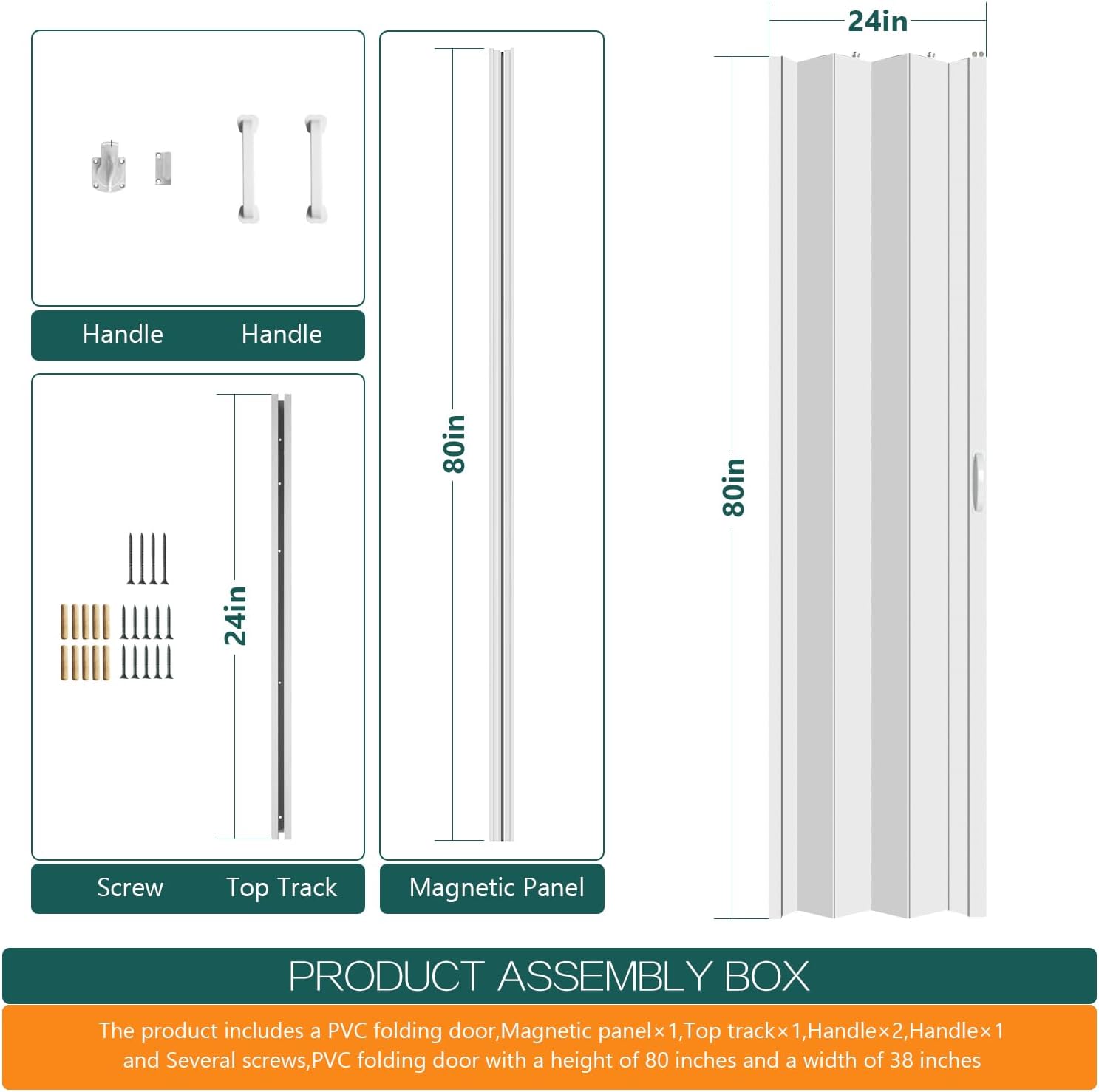 24×80in PVC Internal Accordion Folding Door, Multifold Sliding Door for Closet, White in Color, with Installation Hardware; Handle; Latch.