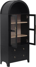 Arched Kitchen Pantry Cabinet, Modern Farmhouse Kitchen Tall Storage Cabinet with Drawers, Adjustable Shelves and Glass Door, Versatile Wooden Cupboard for Dining Room, 71"H x 30"W x 15.75"D, Black