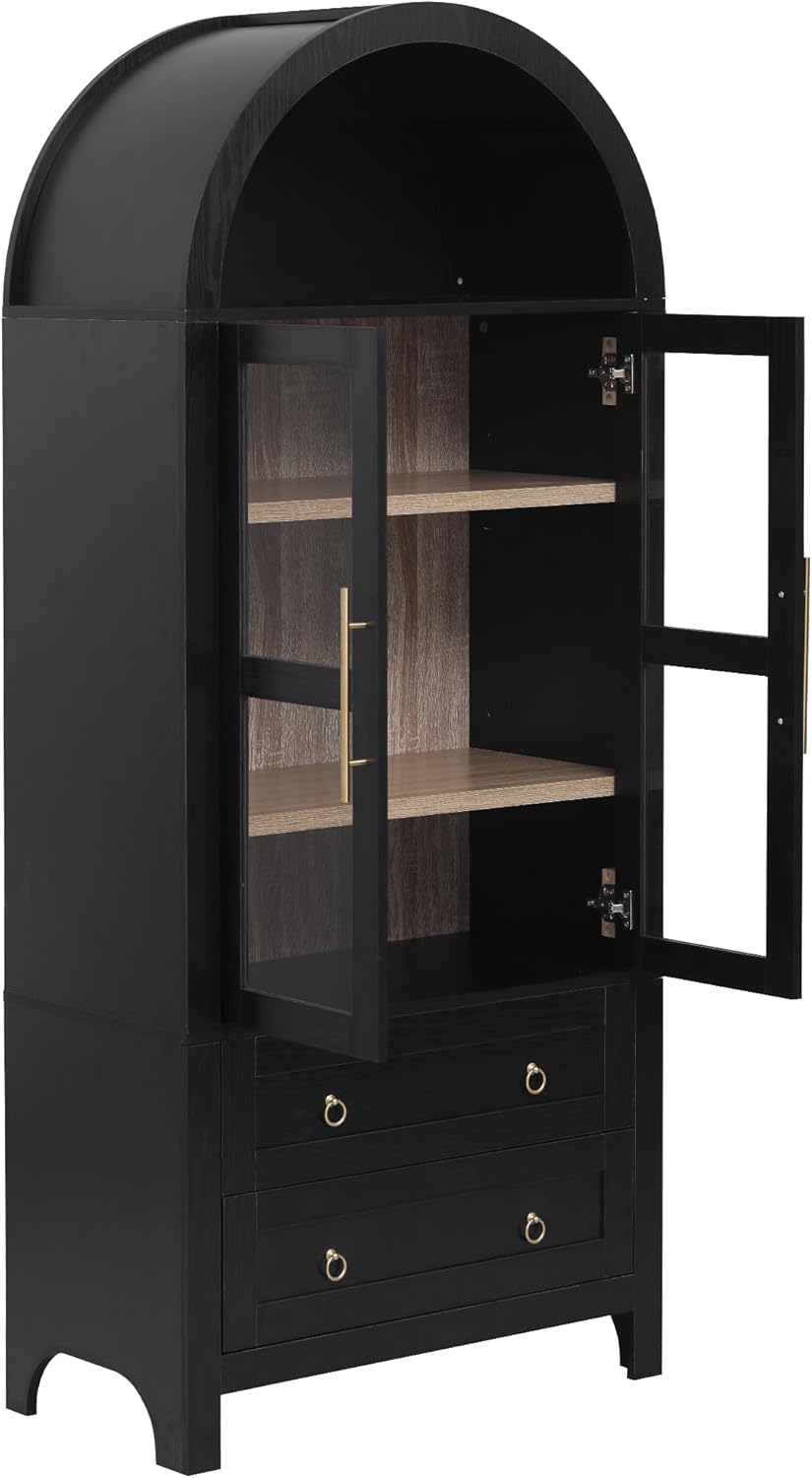 71" Tall Arched Kitchen Pantry Cabinet with 2 Large Drawers, Modern Farmhouse Kitchen Storage Cabinets with Adjustable Shelves, Glass Door, Wood Versatile Cupboard for Kitchens, Dining Room (Black)