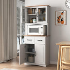 White Wooden Kitchen Cabinet, Pantry Storage Unit with Framed Glass Doors, Microwave Stand & Drawer, for Living Room, Dining Room, or Kitchen