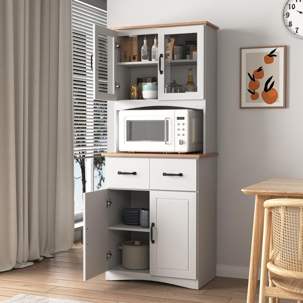 White Wooden Kitchen Cabinet, Pantry Storage Unit with Framed Glass Doors, Microwave Stand & Drawer, for Living Room, Dining Room, or Kitchen