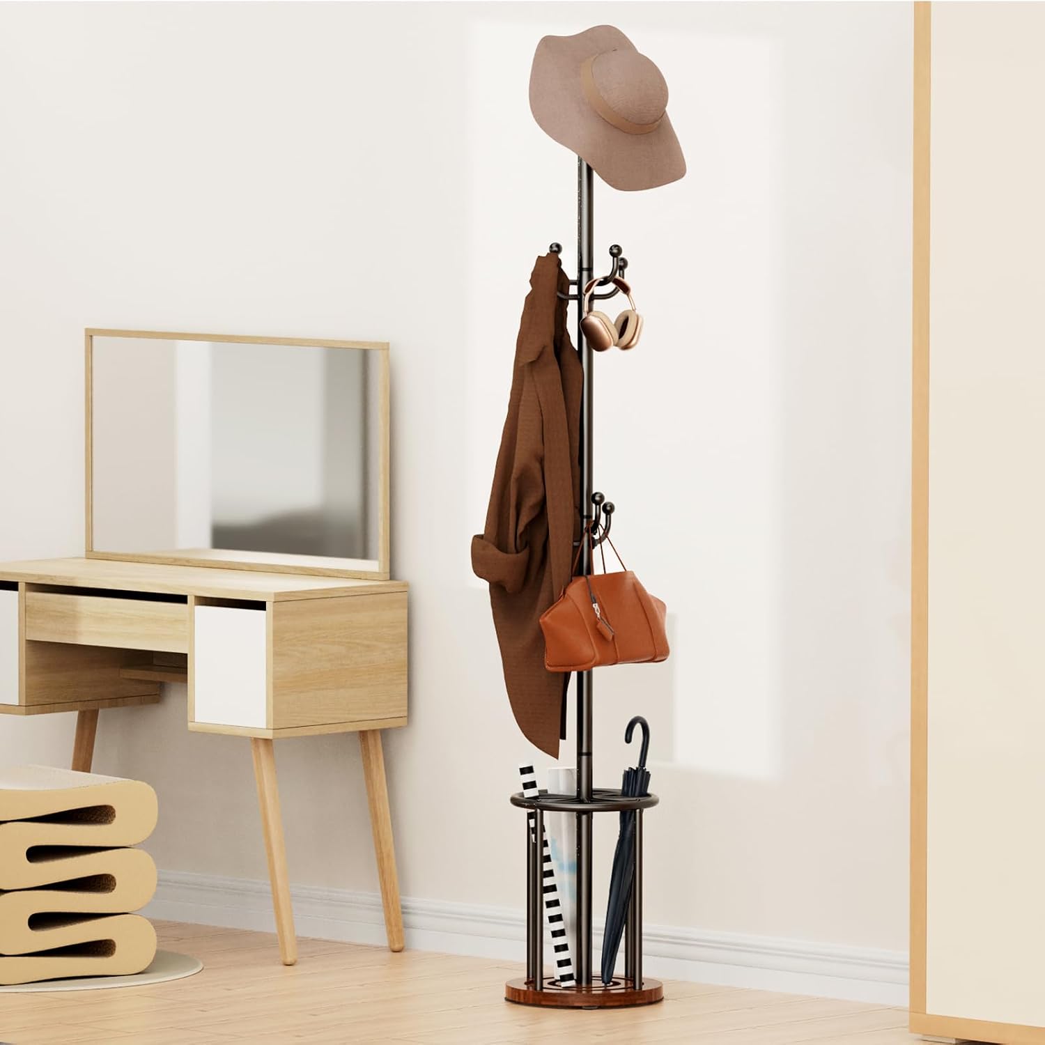 Coat Rack Freestanding, Coat Rack Stand with Umbrella Holder, Coat Tree, Coat Hanger Stand with 12 Hooks for Clothes Bag Hats, Hat Rack Hall Tree Coat Hanger Umbrella Stand for Entryway