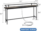 VECELO Narrow Sofa Table with Outlets & USB Ports, Industrial-Style Behind-Couch Table for Entryway, Hallway, Living Room, Bedroom, 55 Inch, Grey Oak