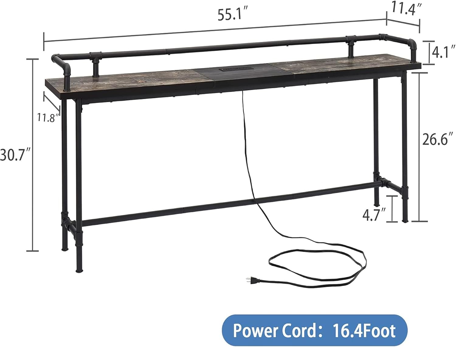VECELO Narrow Sofa Table with Outlets & USB Ports, Industrial-Style Behind-Couch Table for Entryway, Hallway, Living Room, Bedroom, 55 Inch, Grey Oak