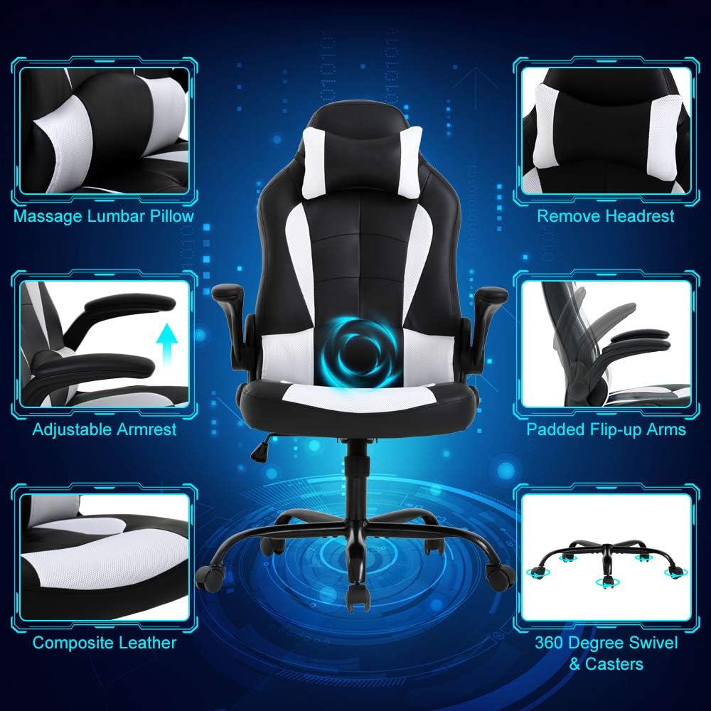 Ergonomic Gaming Office Chair - High Back Executive Computer Chair with Lumbar Support & Flip-Up Arms, PU Leather Adjustable Swivel Chair for Women/Men, Height Adjustable Massage Desk Chair (White)