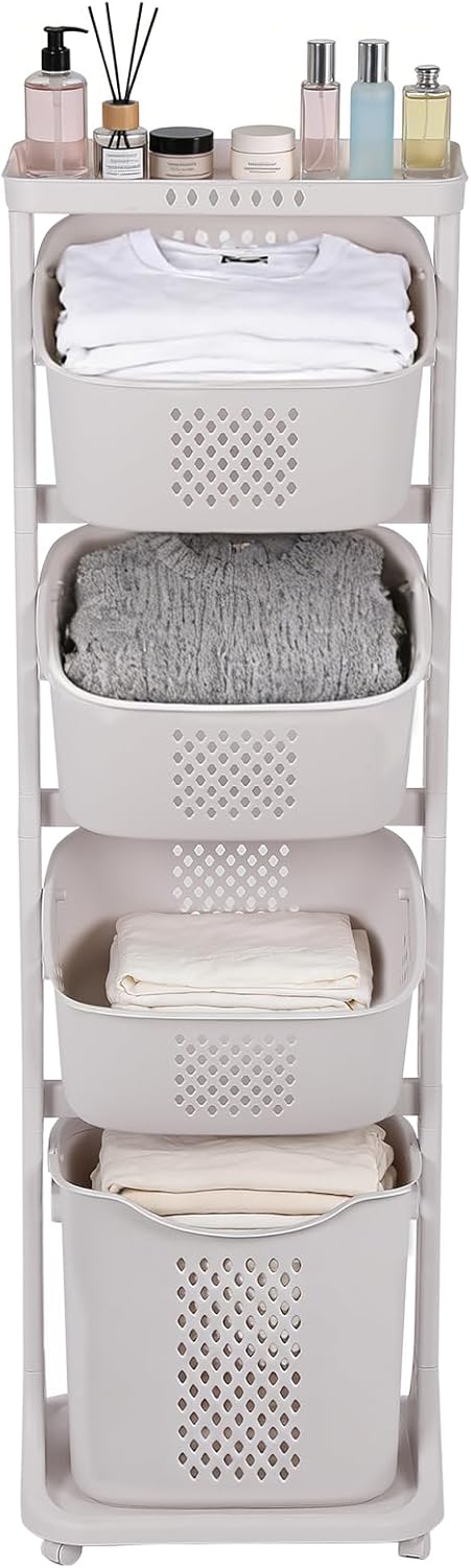 FAHKNS 4-Tier Laundry Sorter Cart with Wheels, Large 95L Capacity Hamper Organizer, Rolling Storage with Removable Mesh Bins for Laundry Use in Home, Dorm, Apartment (17.3"x13.1"x54.7")