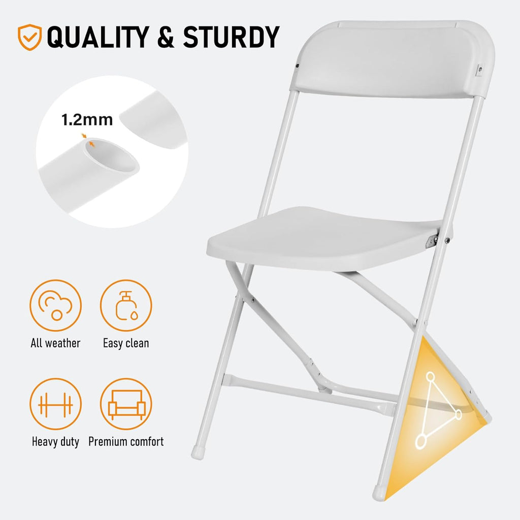 10 Pack White Plastic Folding Chairs, Portable Stackable Commercial Chairs with Steel Frame, 350 lb Capacity Indoor Outdoor Seating for Wedding Party Event Office Dining