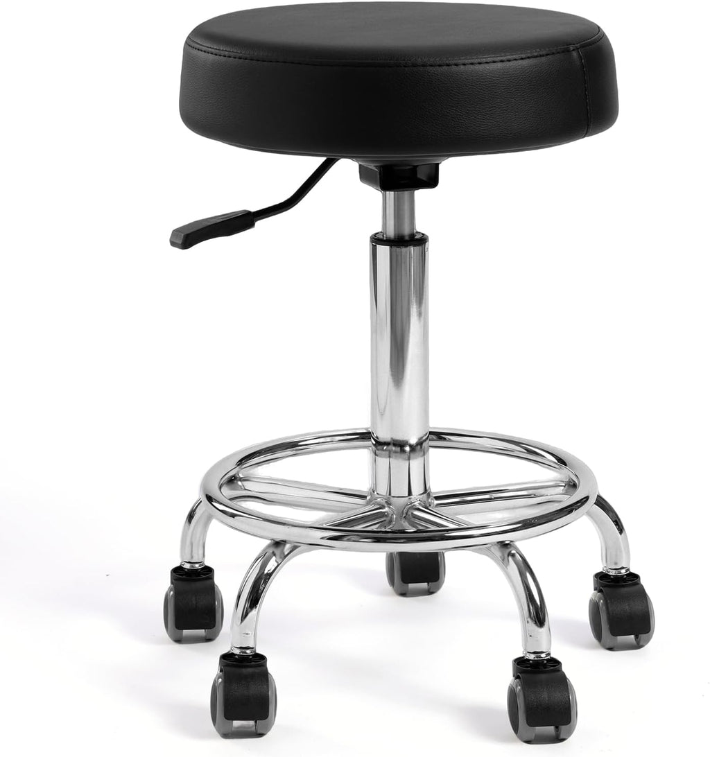 Adjustable Rolling Stool with Wheels & Footrest, 485lb Capacity Drafting Stool Chair, Swivel Salon Spa Tattoo Medical Office Chair, Black
