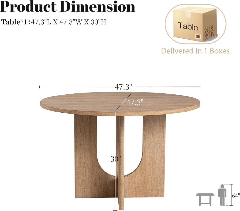 47” Round Dining Table for 4-6, U-Shaped Legs, Wood Modern Kitchen Table for Dining Room, Apartment, Living Room Furniture, Natural