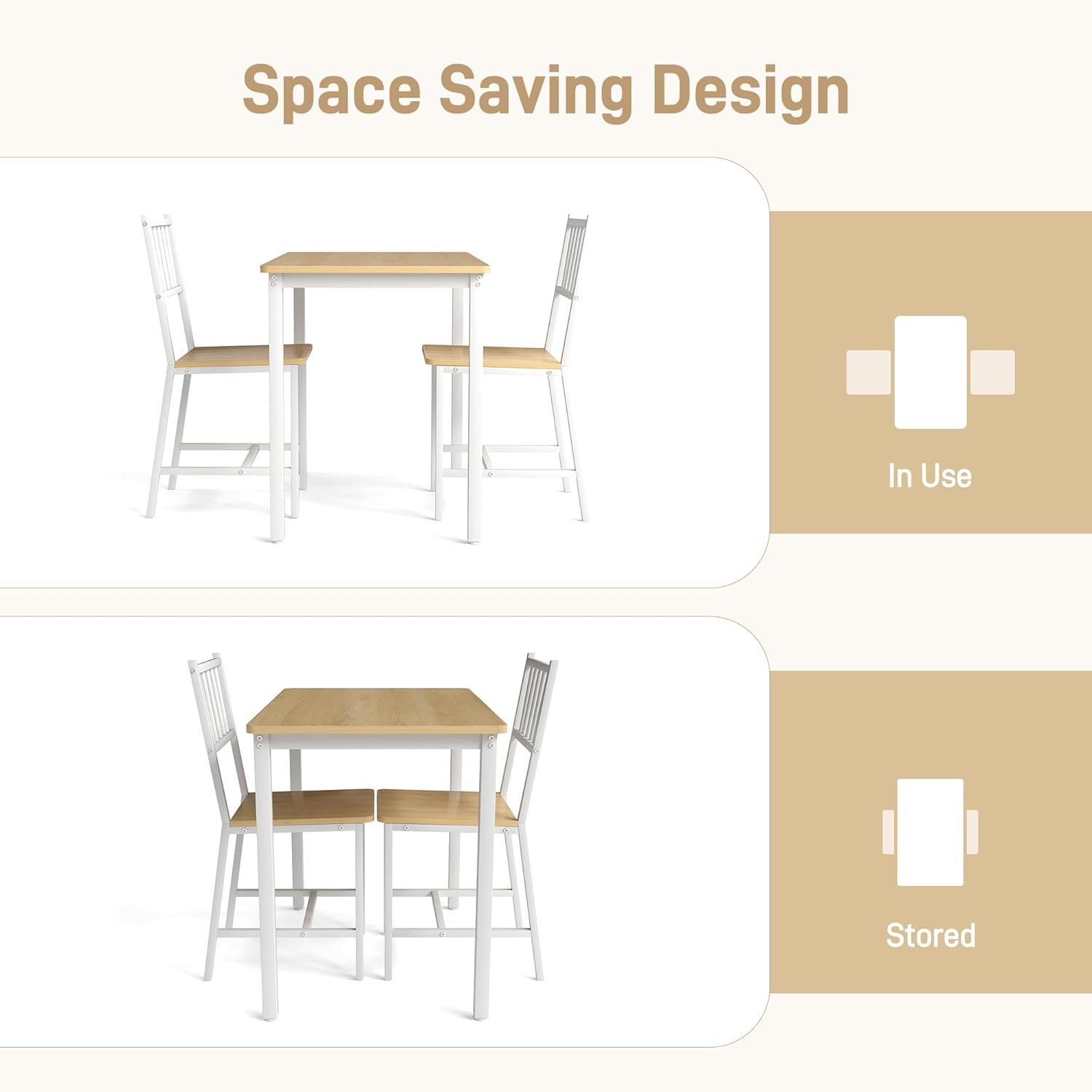 3-Piece Dining Table Set for 2, Space-Saving Kitchen Table Set for Small Spaces, Industrial Breakfast Table for Apartment, Studio & Nook, Natural Wood & Metal,Natural