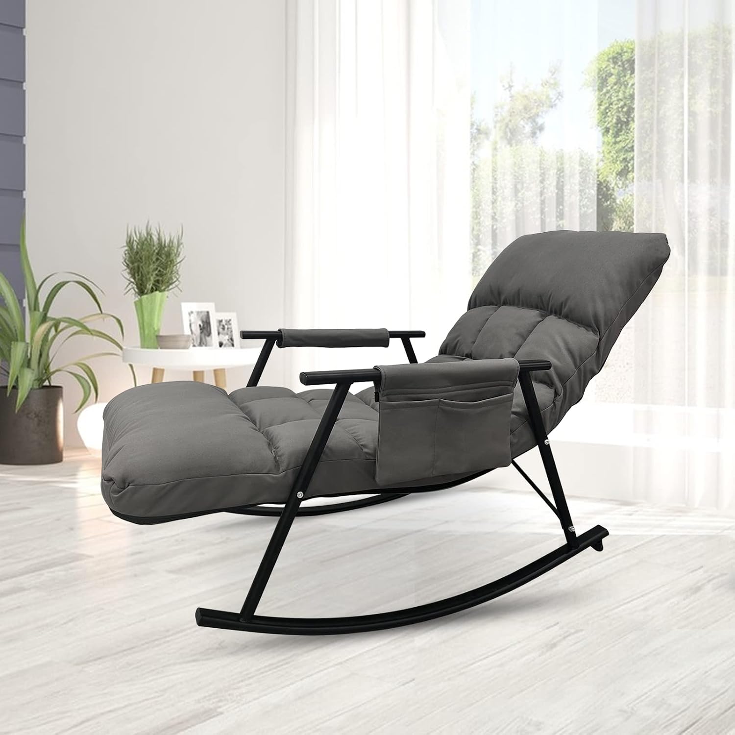 Modern Rocking Chair Accent Rocker Armchair Reading Chair Nursery Chair with Side Pocket Adjustable High Back