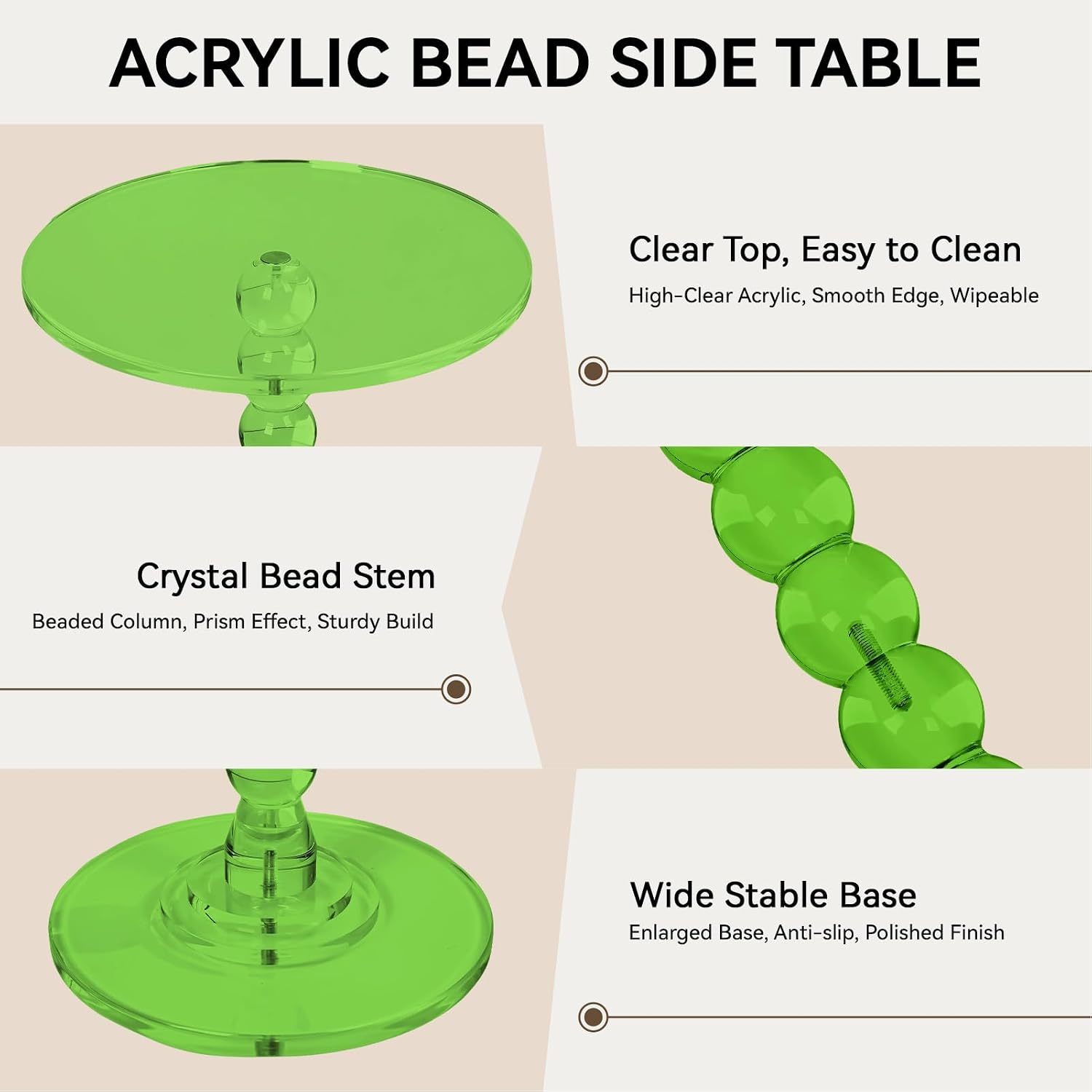 Acrylic Side Table, End Table Round Top with Solid Post, Clear Modern End Tables, Small Pedestal Drink Tables, Small Spaces Home Decor for Living Room, Bedroom, Balcony Green