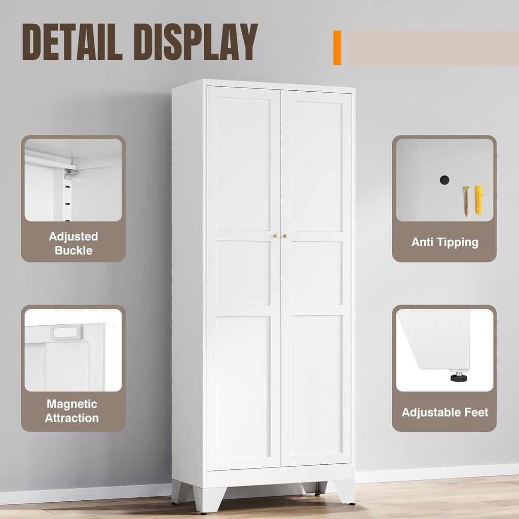 Metal Pantry Cabinet 75" with 2 Doors and 4 Adjustable Shelves, Freestanding Kitchen Cupboard Storage Cabinet for Dining Room, Living Room or Bathroom, White