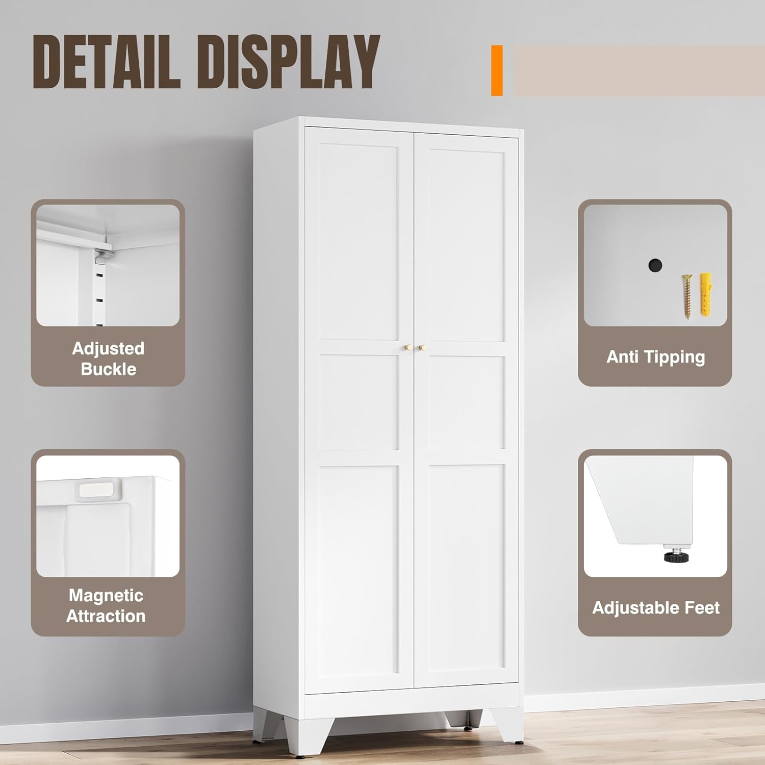 Metal Pantry Cabinet 75" with 2 Doors and 4 Adjustable Shelves, Freestanding Kitchen Cupboard Storage Cabinet for Dining Room, Living Room or Bathroom, White