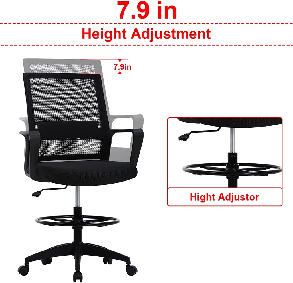 Drafting Chair Tall Office with Lumbar Support Arms for Standing Desk Swivel Rolling Mesh Footrest Ring Height Adjustable Stool Bar High Desk, 250lbs, Seat-Hight 20.7-28.5 inch