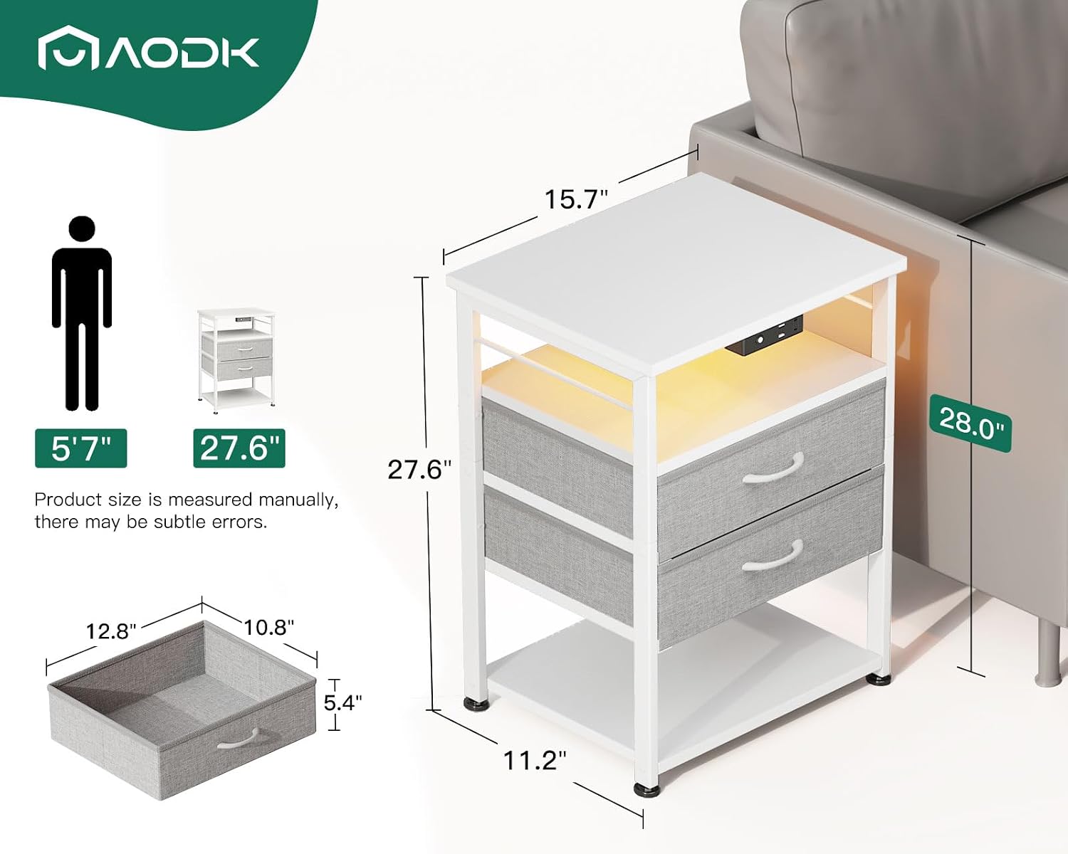 AODK 27.6" H Night Stand with Charging Station and LED Lights, Bed Side Table with 2 Drawers and Open Shelf, Bedside Table for Bedroom, Living Room, White & Light Grey