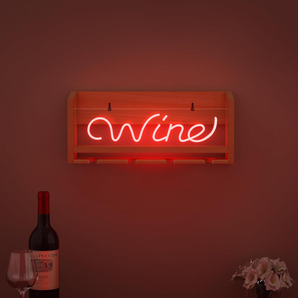 CoolGift Mart Light Up Wine Rack with Glass Holder Wall Mount, Wooden Wine Bottle Holder with Wine Neon Sign, Wall Decor, Gift for Wine Lovers Collectors