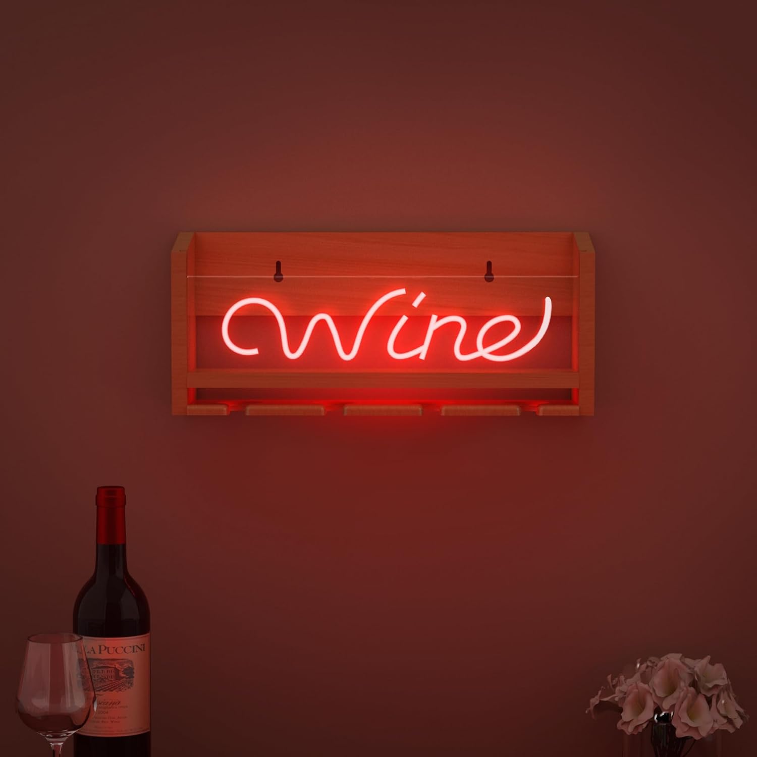 CoolGift Mart Light Up Wine Rack with Glass Holder Wall Mount, Wooden Wine Bottle Holder with Wine Neon Sign, Wall Decor, Gift for Wine Lovers Collectors