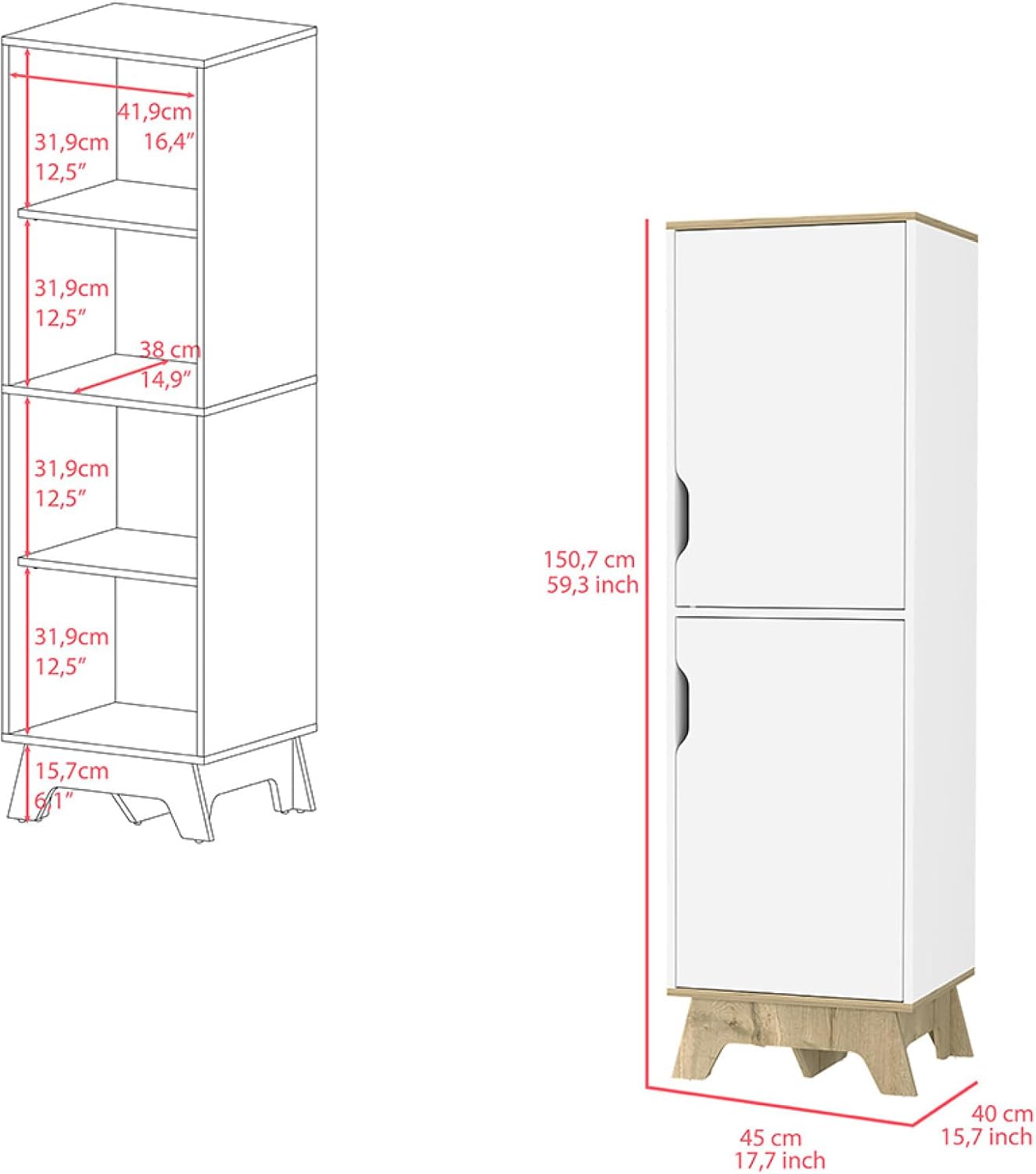 Single Kitchen Pantry Wallas, Four Shelves, Two Doors, Light Oak/White Finish