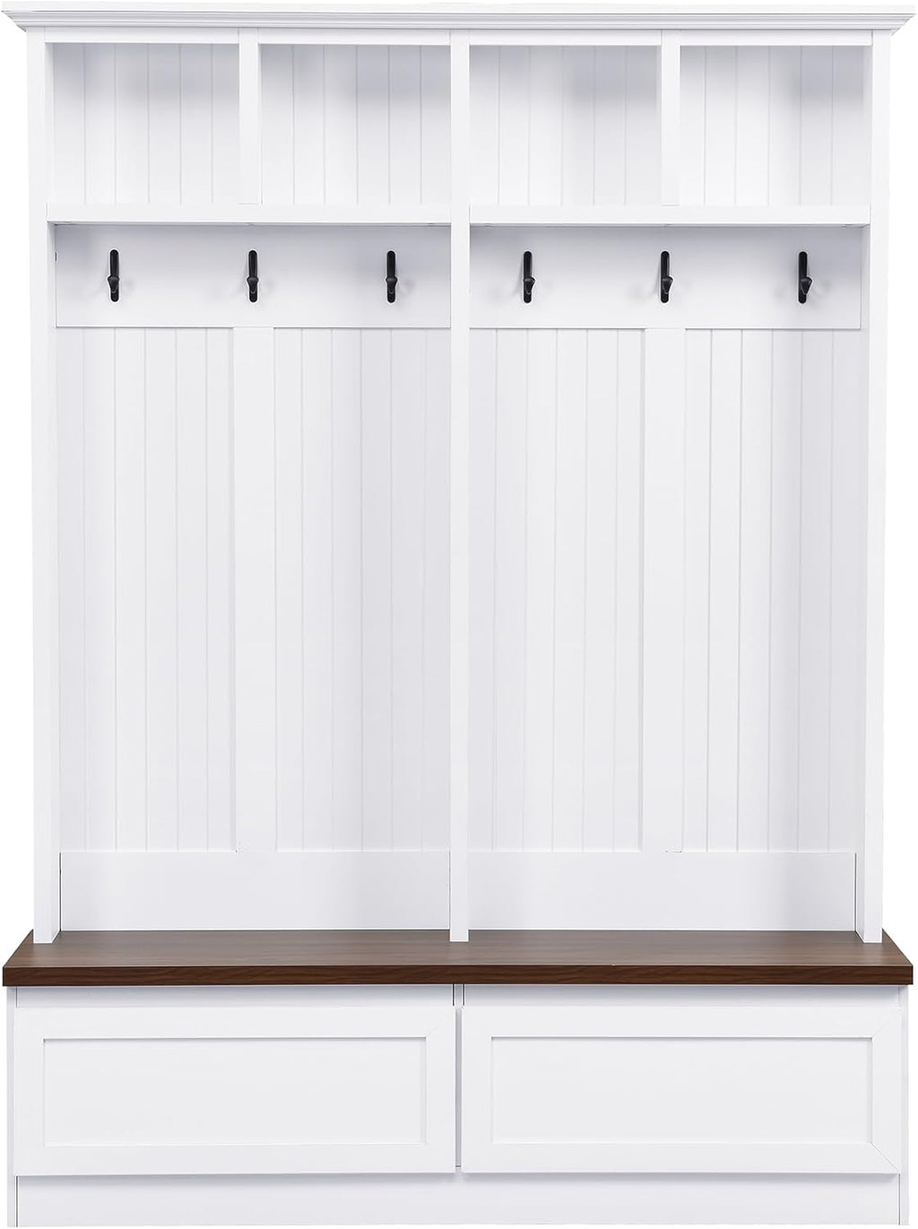 Merax Wood Hall Tree with 6 Hooks & Entryway Bench, Farmhouse Mudroom Versatile Coat Racks with 2 Large Drawers, Entrance Organizer for Hallway, White