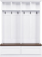 Merax Wood Hall Tree with 6 Hooks & Entryway Bench, Farmhouse Mudroom Versatile Coat Racks with 2 Large Drawers, Entrance Organizer for Hallway, White