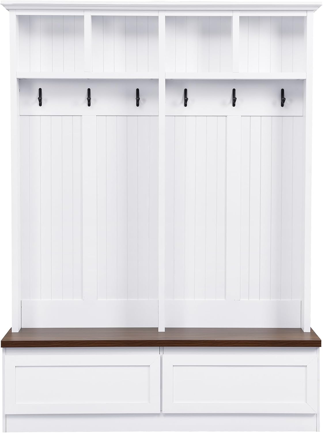 Merax Wood Hall Tree with 6 Hooks & Entryway Bench, Farmhouse Mudroom Versatile Coat Racks with 2 Large Drawers, Entrance Organizer for Hallway, White