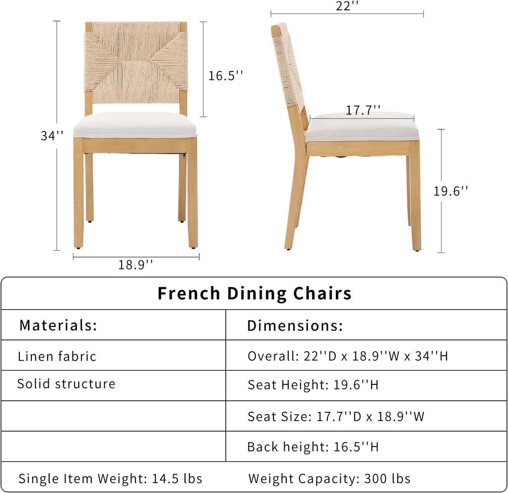 French Country Dining Chairs Set of 8, Beige Farmhouse Wood Dining Room Chairs, Woven Back Linen Upholstered Dining Chair, Solid Wood Legs, Boho Style Kitchen Chairs, Sillas de Comedor