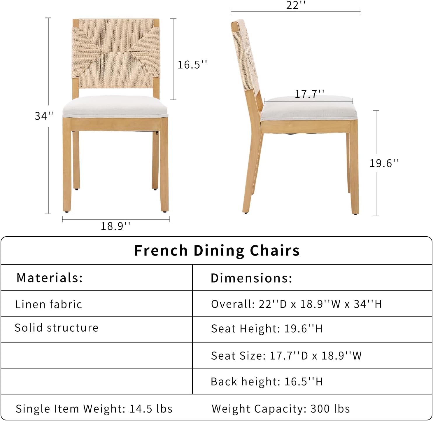French Country Dining Chairs Set of 8, Beige Farmhouse Wood Dining Room Chairs, Woven Back Linen Upholstered Dining Chair, Solid Wood Legs, Boho Style Kitchen Chairs, Sillas de Comedor