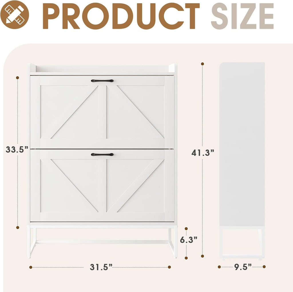GRUSIGN Shoe Cabinet, Shoe Storage Cabinet with 2 Flip Drawers & Adjustable Shelf, Space-Saving Shoe Organizer – Holds 16+ Pairs, Narrow Shoe Cabinet Storage for Entryway/Hallway（White）