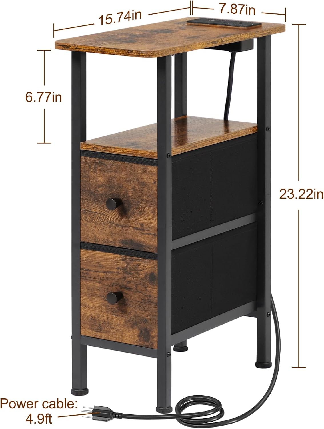 LOAKEKEL Narrow Nightstand with Charging Station