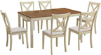 AMERLIFE 7-Piece Farmhouse Dining Table Set for 6, 60" Solid Wood Kitchen Table with 6 Upholstered Chairs, Space-Saving Rustic Dining Set for Dining Room, Kitchen, Small Apartment, Rustic Cream