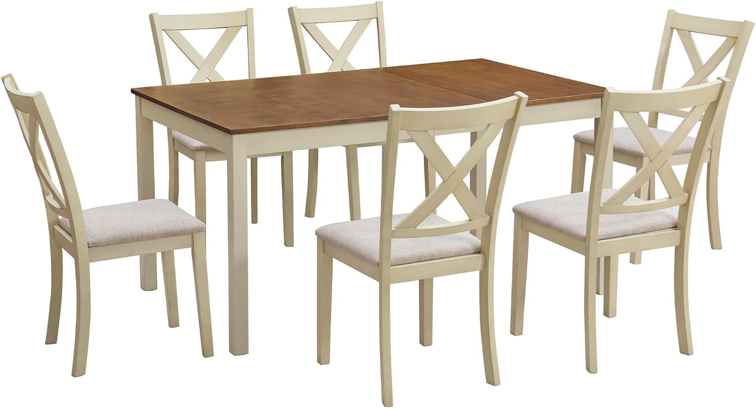 AMERLIFE 7-Piece Farmhouse Dining Table Set for 6, 60" Solid Wood Kitchen Table with 6 Upholstered Chairs, Space-Saving Rustic Dining Set for Dining Room, Kitchen, Small Apartment, Rustic Cream