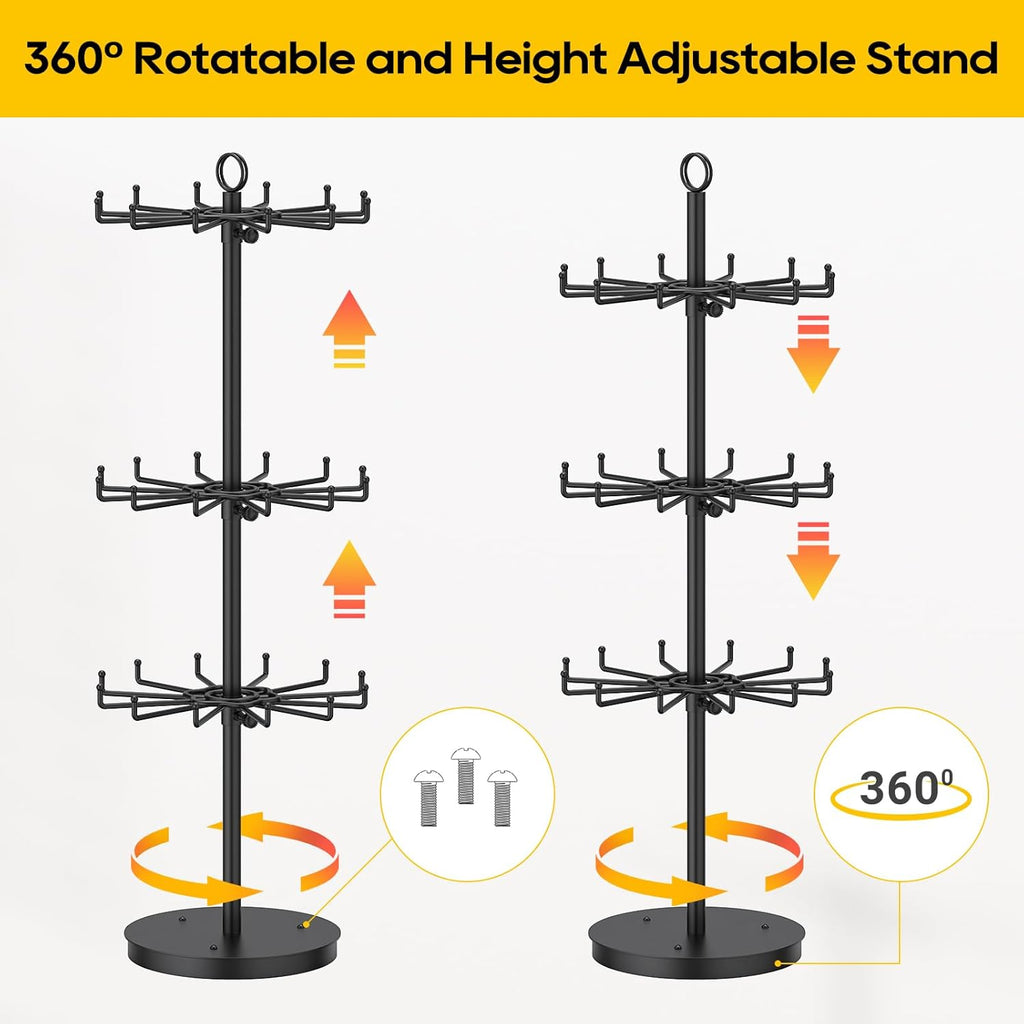 ORLESS 3 Tier Rotating Jewelry Display Stand, Keychain Display Stand with 36 Hooks, Black Metal Retail Display Spinning Holder for Vendor, Spinning Display Rack for Necklace Bracelet Earring Organizer