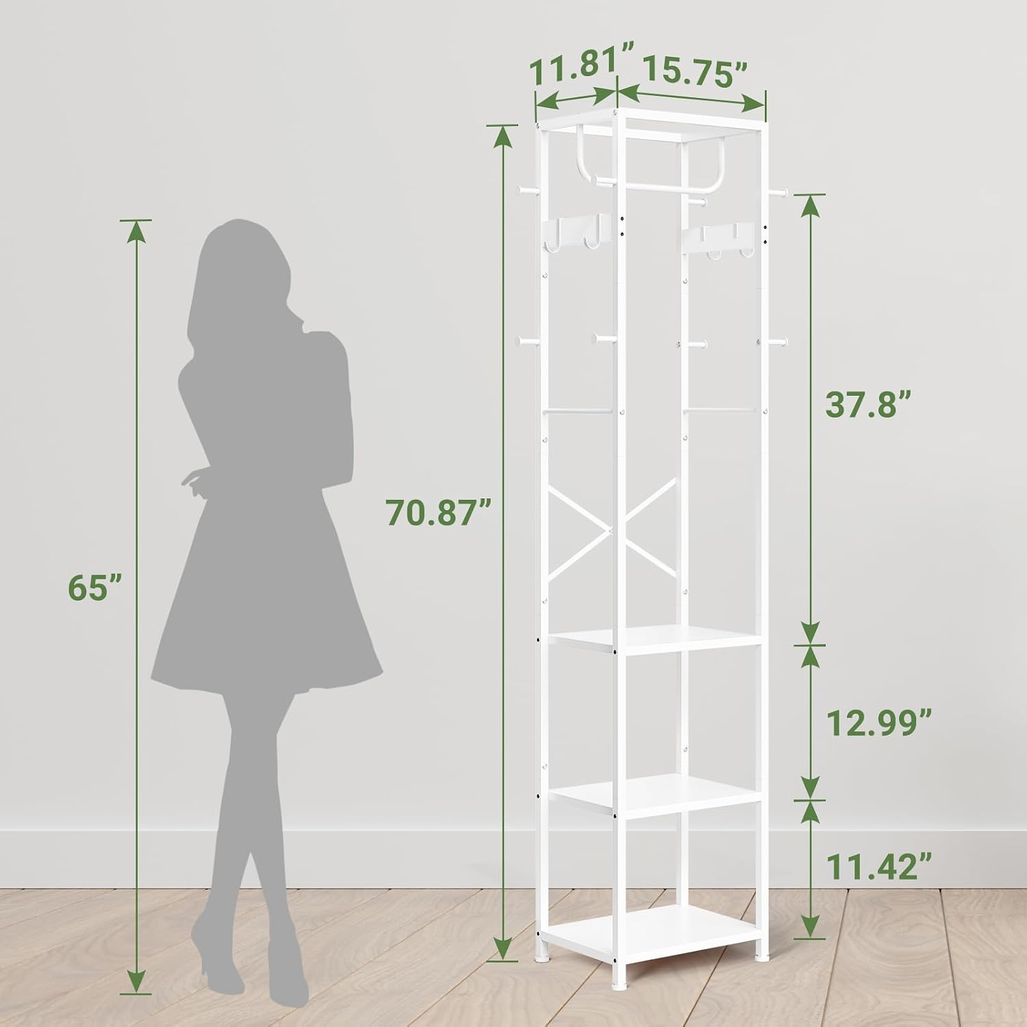ELYKEN Coat Rack Freestanding, Hall Tree with 3 Shelves and 12 Hooks, White | Industrial Metal Frame, Space-Saving Design, Clothes Rack Stand Organizer for Bedroom, Hallway, Entryway, Office, Living Room