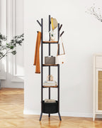 YMYNY Coat Rack, Freestanding Coat Stand with Storage Shelves, Hall Trees with 3 Wooden Shelves and 1 Fabric Basket, Metal Clothes Stand for Hats Bags Hallway Bedroom Rustic Brown UHGR005H