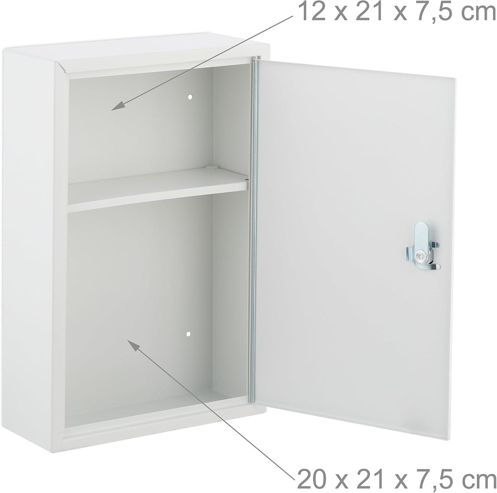 Relaxdays Medicine Cabinet, Lockable, 2 Compartments, 32 x 21.5 x 9.5 cm, Wall Mounted, First Aid, Metal, White/Green, Iron