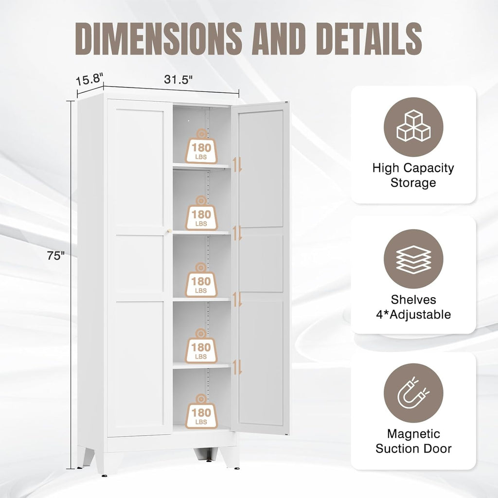 Metal Pantry Cabinet 75" with 2 Doors and 4 Adjustable Shelves, Freestanding Kitchen Cupboard Storage Cabinet for Dining Room, Living Room or Bathroom, White