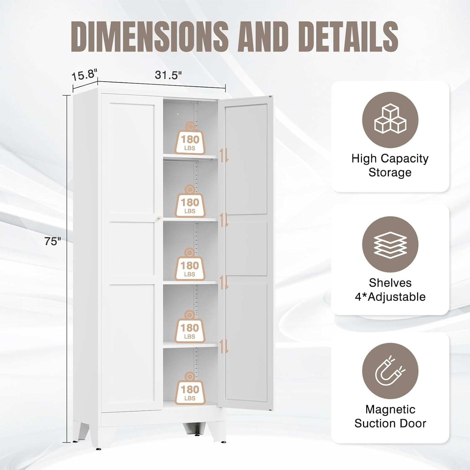 Metal Pantry Cabinet 75" with 2 Doors and 4 Adjustable Shelves, Freestanding Kitchen Cupboard Storage Cabinet for Dining Room, Living Room or Bathroom, White