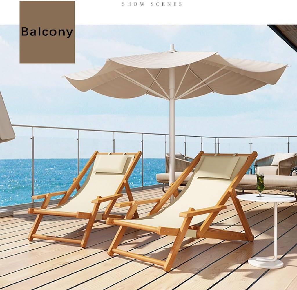 Wood Portable Reclining Beach Chair, 4 Level Height Adjustable Reclining Chairs with Wood Frames and Cushioned Headrest, for Indoor Outdoor Garden, Backyard, Poolside