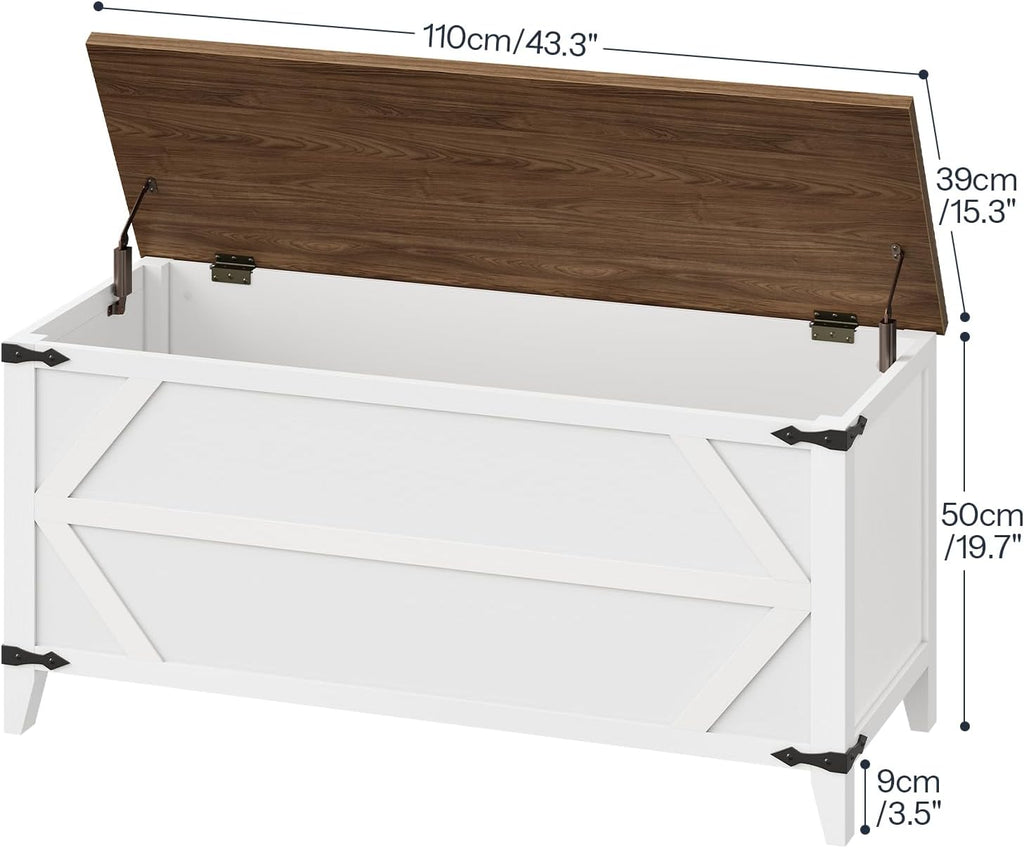 HOOBRO 43.3" Storage Bench, Toy Box with Safety Hinges, Toy Chest Storage, Wooden Storage Bench for Bedroom, Living Room, White and Walnut WH611CW01