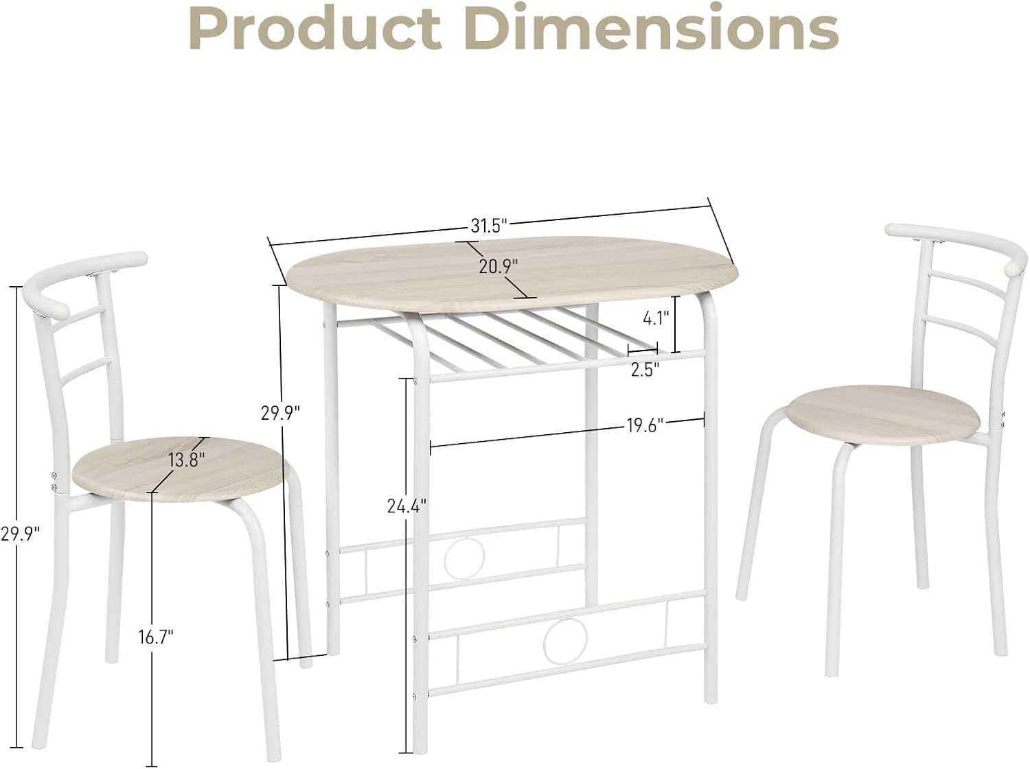 VINGLI 3 Piece Dining Set,Small Kitchen Table Set for 2,Breakfast Table Set,Kitchen Wooden Table and 2 Chairs for Small Space/Dining Room/Apartment,Metal Frame,Wine Rack,White&Light Oak
