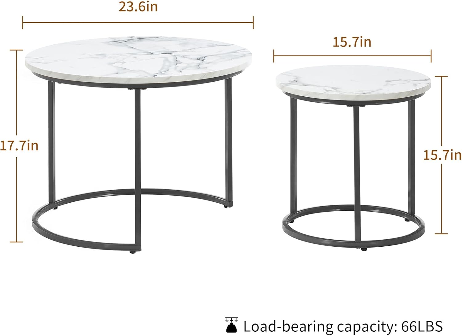 Round Nesting Coffee Table Set of 2, Modern Marble Pattern Wooden Nesting Tables, Stacking Minimalist End Table for Living Room Bedroom Small Space, White and Black